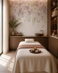 Blush flowers and butterflies wallpaper in a wellness spa.