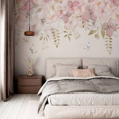 Custom Delicate Blush Floral Wall Mural Wallpaper with Butterflies