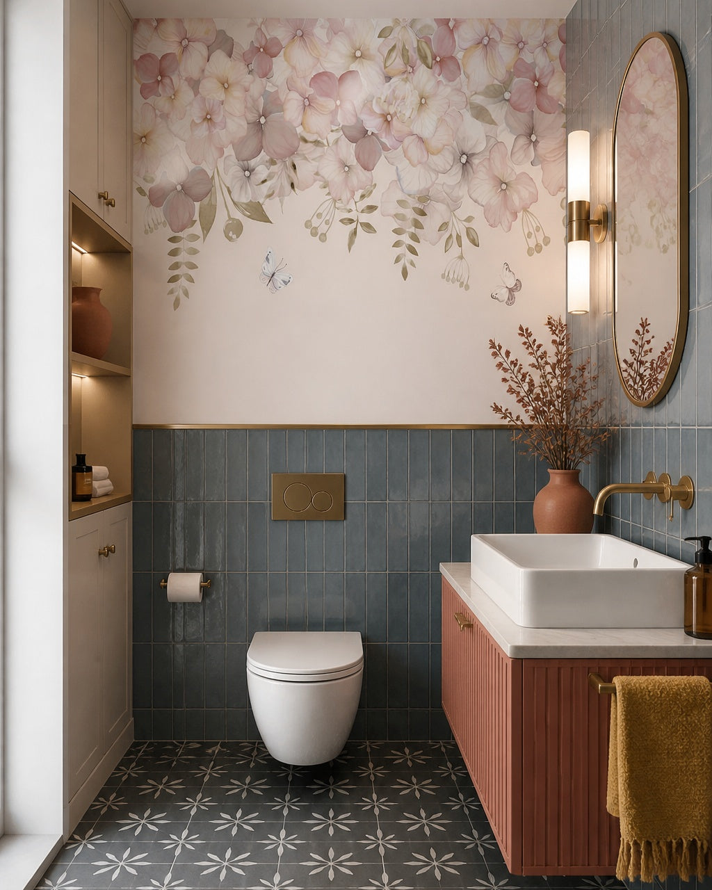 Blush flowers and butterflies wallpaper in a luxury bathroom.