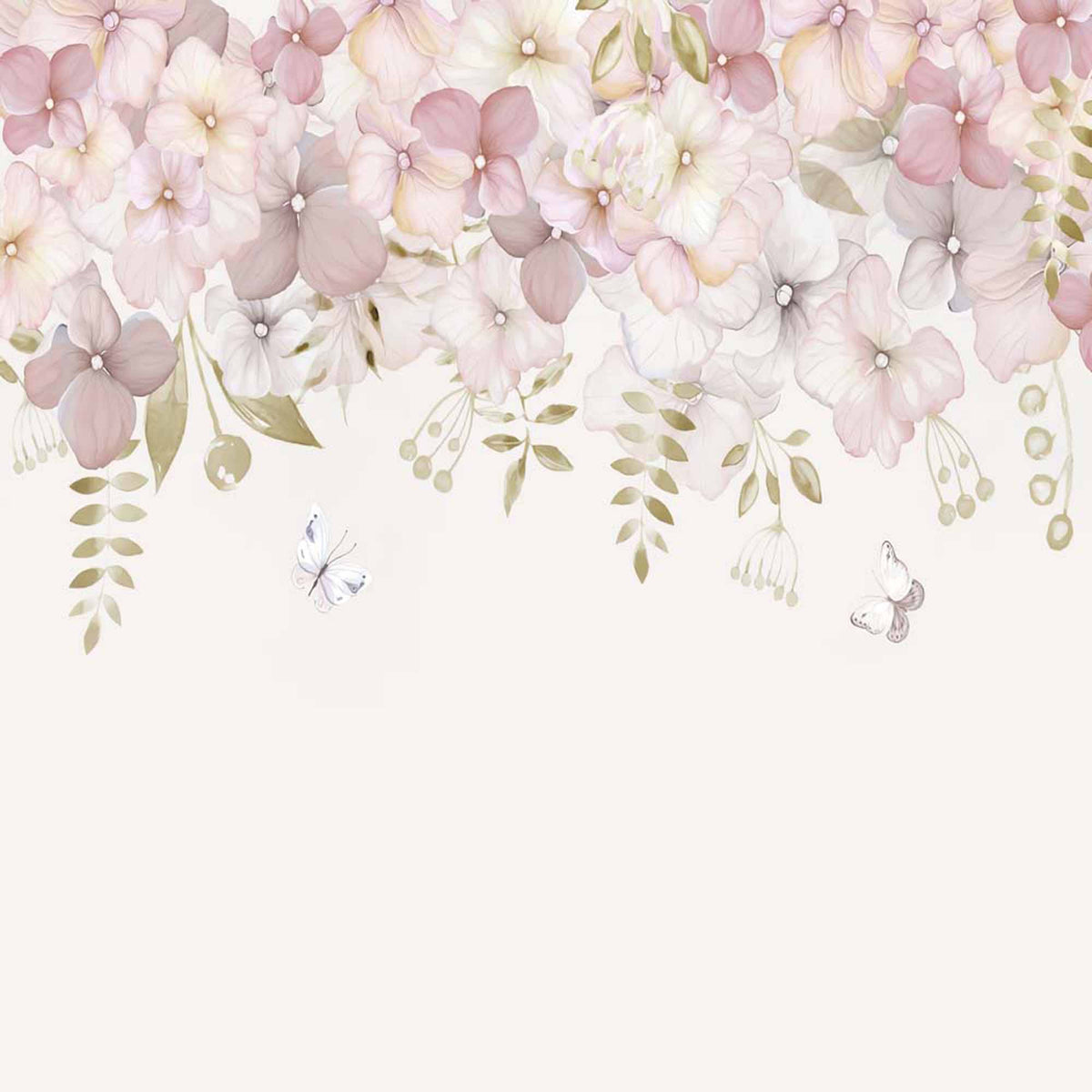 Blushkleurig bloemen- en vlinderbehang – aquarel bloemenrand