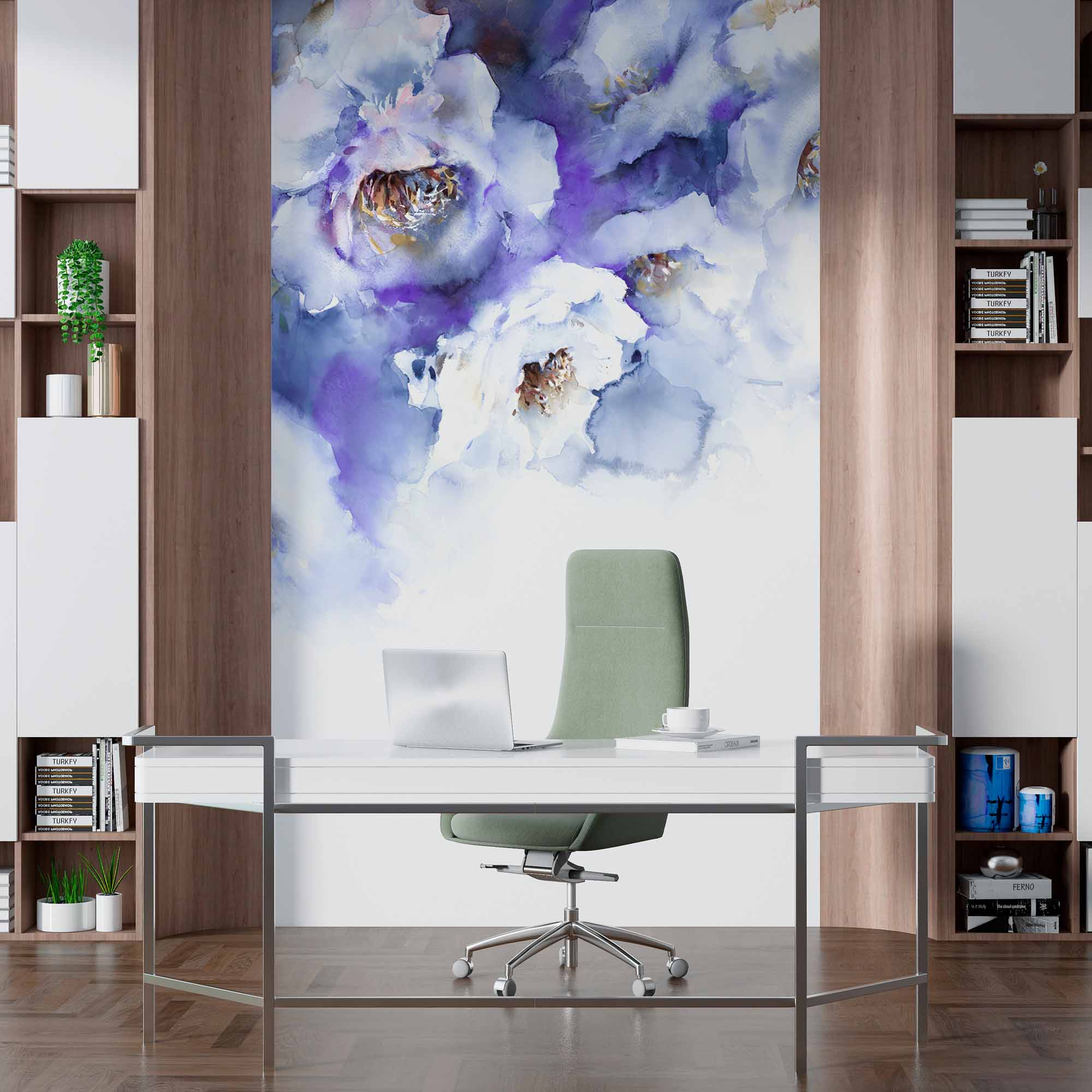 Elegant Watercolor Blue and White Floral Wall Mural Wallpaper