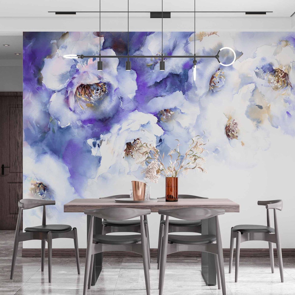 Custom Elegant Watercolor Blue and White Floral Wall Mural Wallpaper