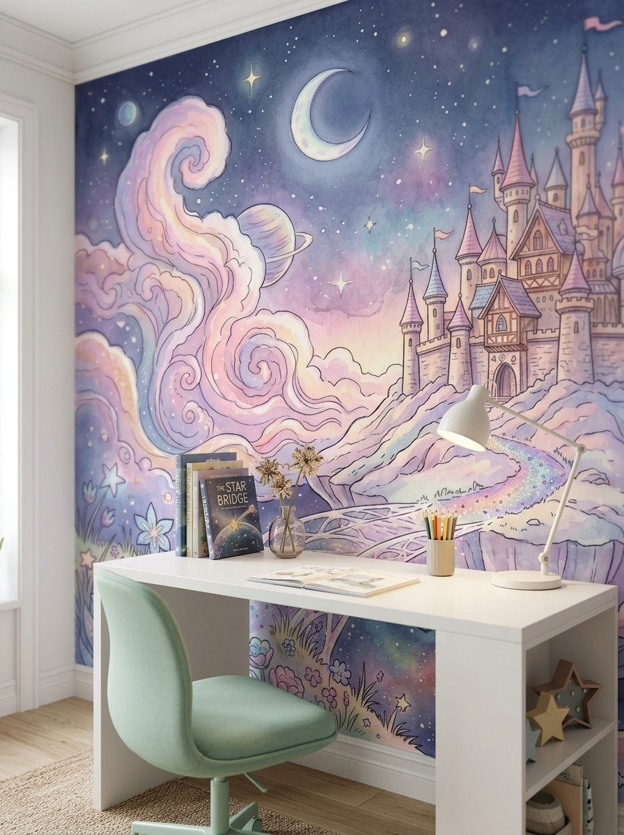 Dreamy night sky castle wallpaper above a white desk with a mint green chair.