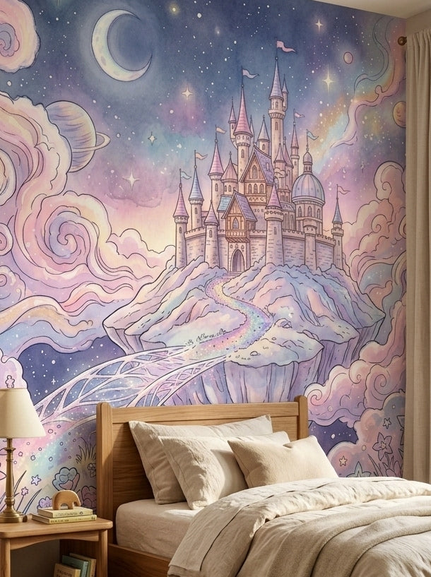 Dreamy night sky castle wallpaper behind a wooden bed with cream bedding.