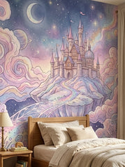 Dreamy night sky castle wallpaper behind a wooden bed with cream bedding.