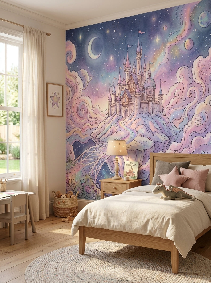 Dreamy night sky castle wallpaper in a bedroom with a wooden bed and a round jute rug.