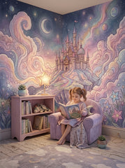 Dreamy night sky castle wallpaper in a reading corner with a lilac armchair and a bookshelf.
