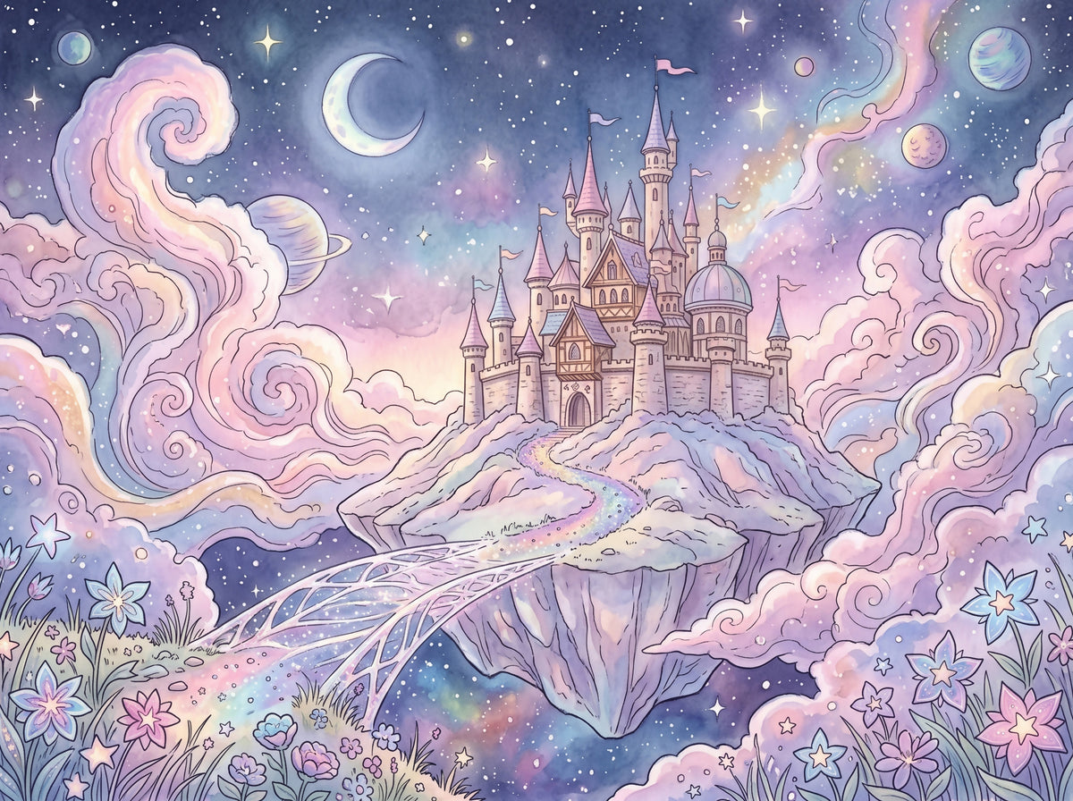 Dreamy Castle Wallpaper – Floating Island and Night Sky Mural
