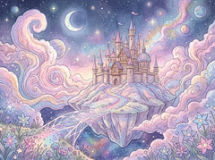 Dreamy wallpaper with a fairytale castle on a floating island among pink clouds, a crescent moon, stars, planets and a rainbow.