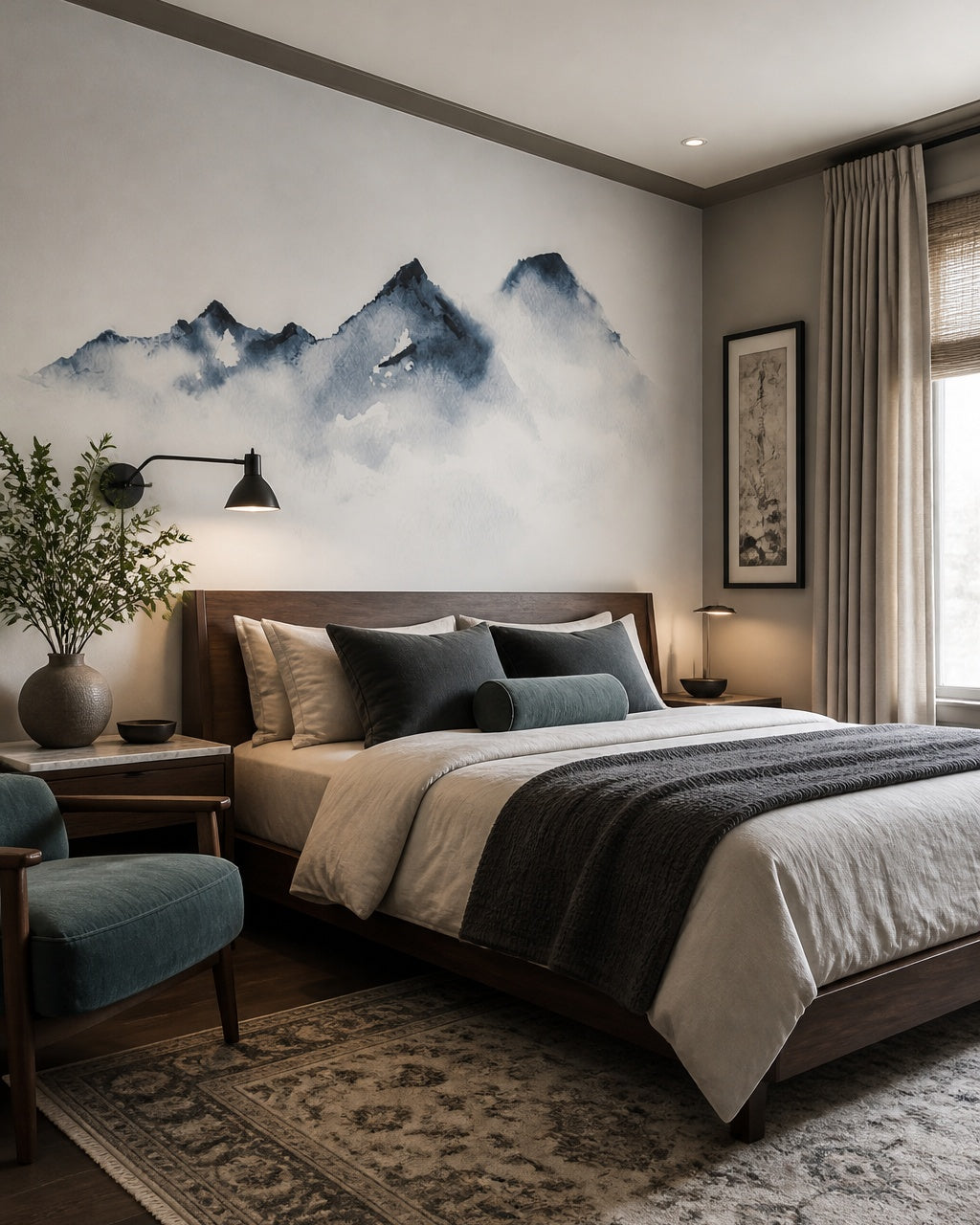 Watercolor mountain wallpaper in a designer bedroom.