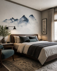 Watercolor mountain wallpaper in a designer bedroom.