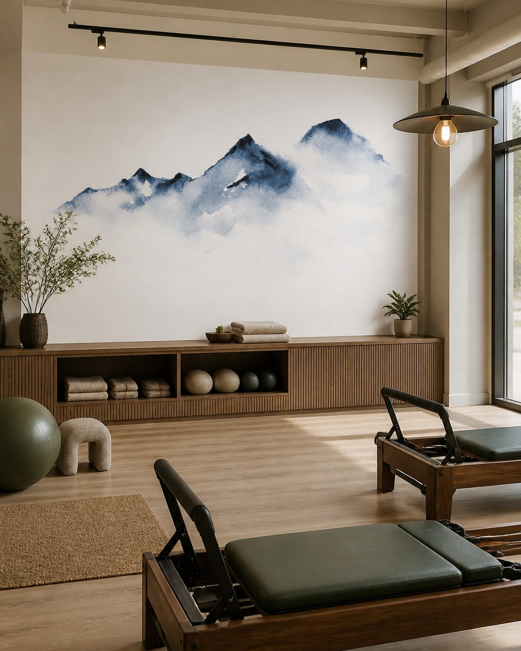 Watercolor mountain wallpaper in a fitness studio.