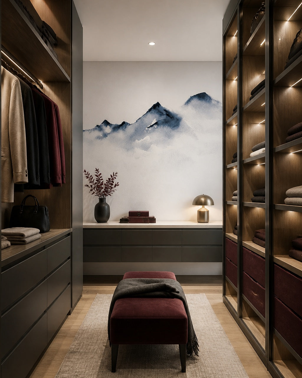Watercolor mountain wallpaper in a walk-in wardrobe.