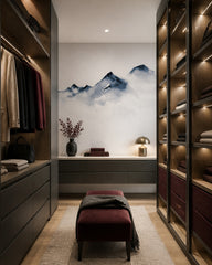 Watercolor mountain wallpaper in a walk-in wardrobe.