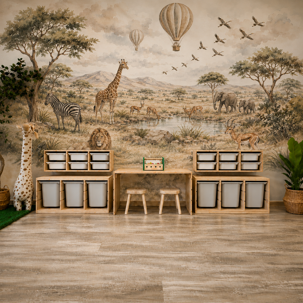 African safari animal and hot air balloon mural in a children’s playroom