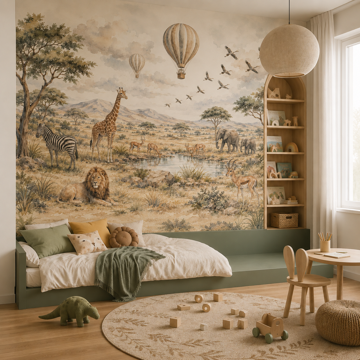 Watercolor African safari wall mural with giraffe, zebra, elephants, lion and hot air balloons