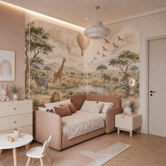 Watercolor safari wall mural with giraffe, zebra, lion and elephants in a green kids’ bedroom