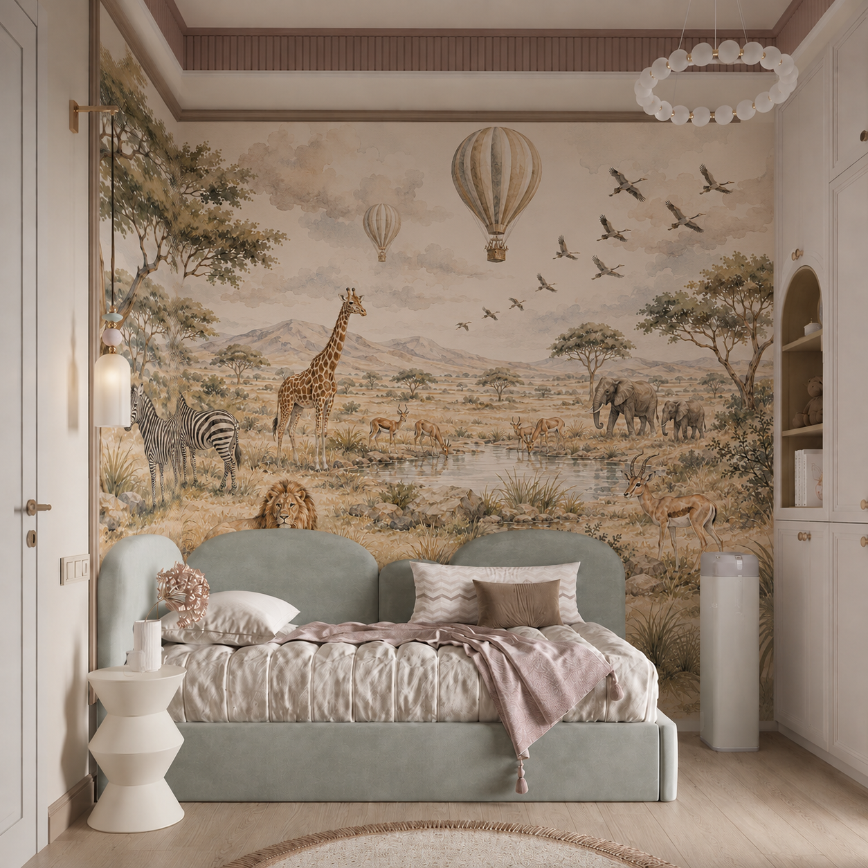 Neutral safari animal wall mural displayed in a modern blush children’s bedroom