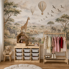 African wildlife and hot air balloon mural behind a children’s daybed