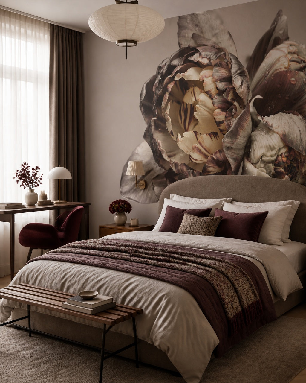Dramatic peony close-up wallpaper in a designer bedroom.