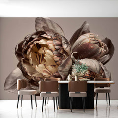 Custom Close-Up Dramatic Peony Flowers Wall Mural - Elegant Grey and Cream Floral Wallpaper