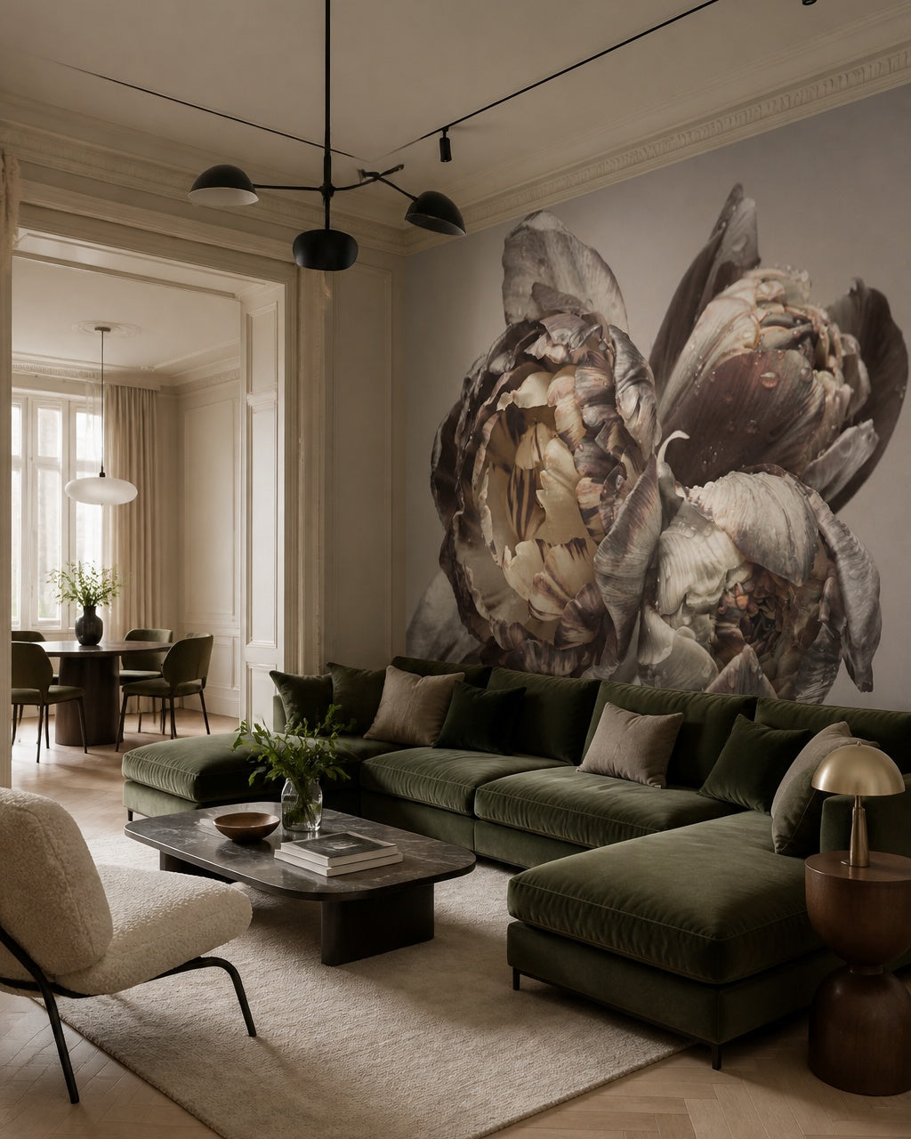 Dramatic peony close-up wallpaper in a designer living room.