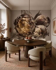 Dramatic peony close-up wallpaper in a refined dining area.