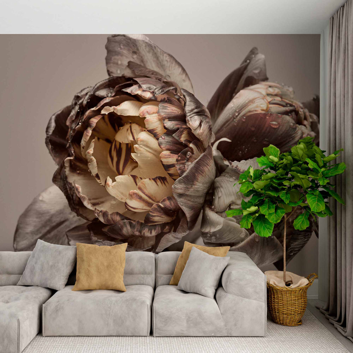 Close-Up Dramatic Peony Flowers Wall Mural - Elegant Grey and Cream Floral Wallpaper