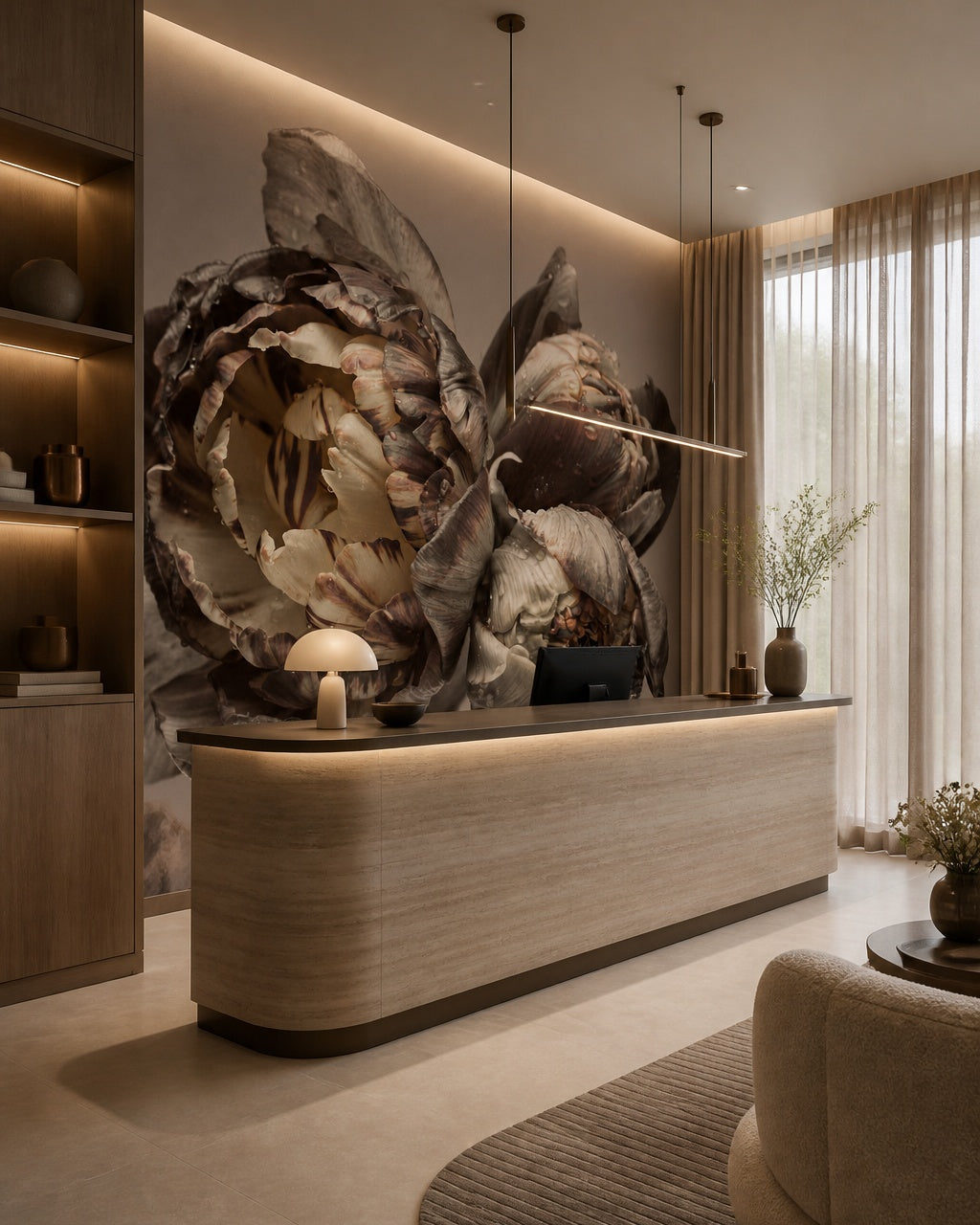 Dramatic peony close-up wallpaper at a hotel reception desk.