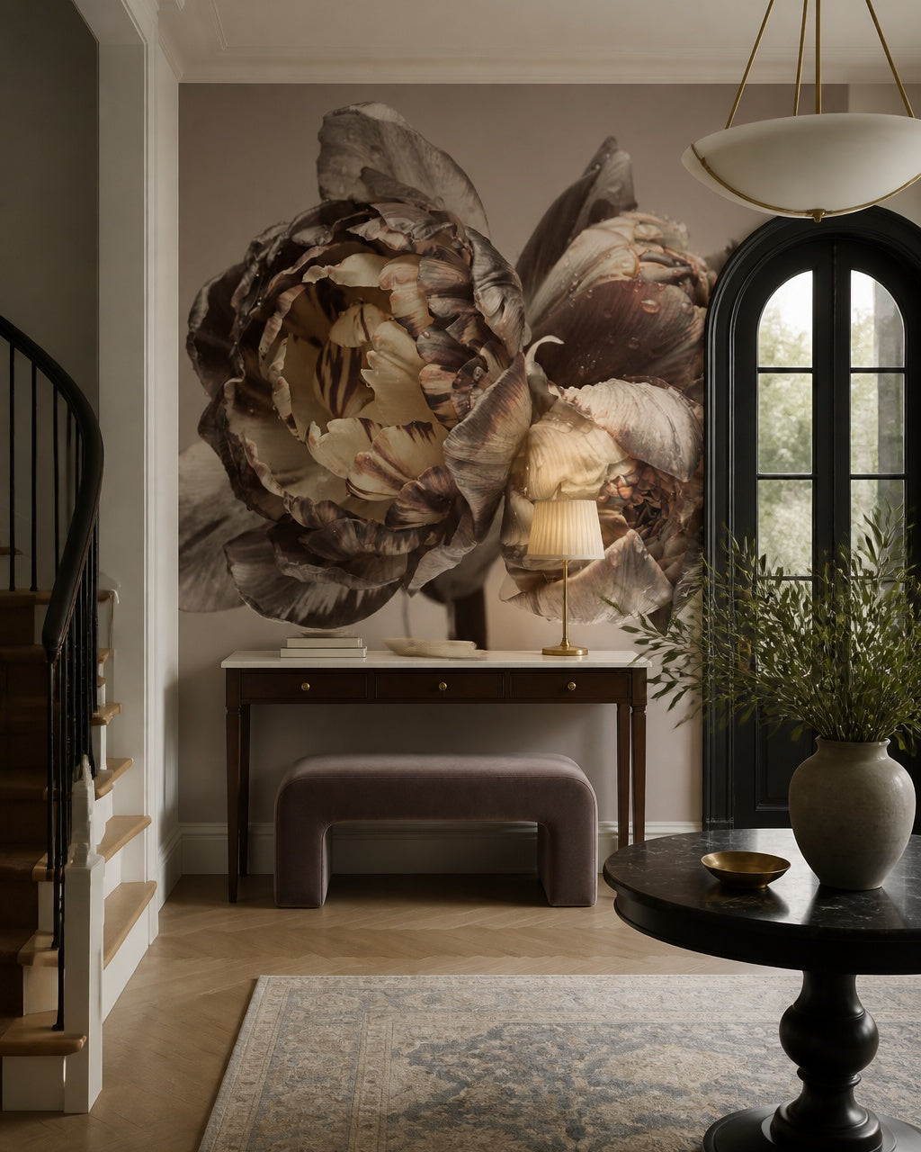 Dramatic peony close-up wallpaper in a refined foyer.
