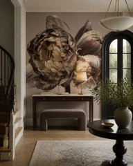 Dramatic peony close-up wallpaper in a refined foyer.