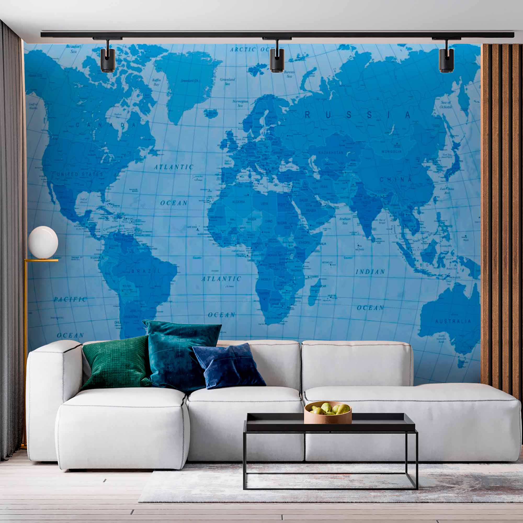 Blue-Toned World Map Wall Mural Wallpaper with Detailed Geographic Features