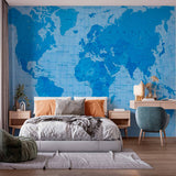 Blue-Toned World Map Wall Mural Wallpaper with Detailed Geographic Features