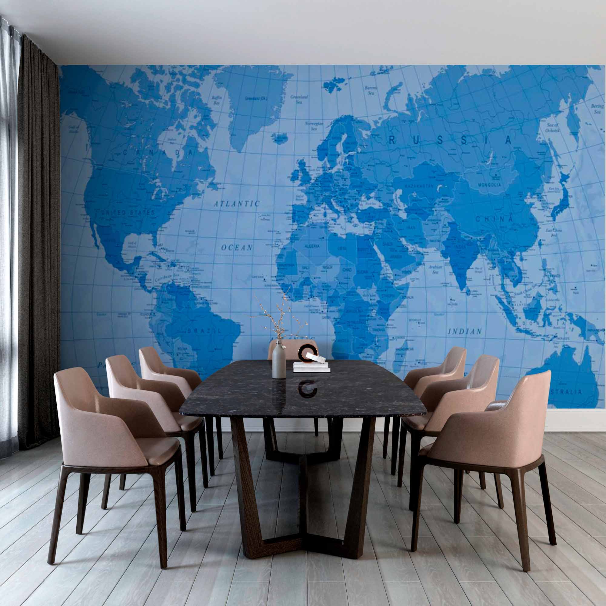 Blue-Toned World Map Wall Mural Wallpaper with Detailed Geographic Features