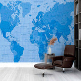 Blue-Toned World Map Wall Mural Wallpaper with Detailed Geographic Features