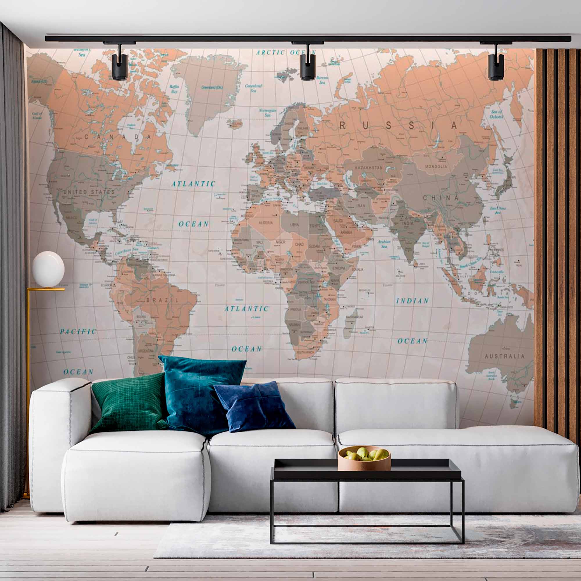 Classic Earth-Tone World Map Wall Mural Wallpaper with Geographic Details