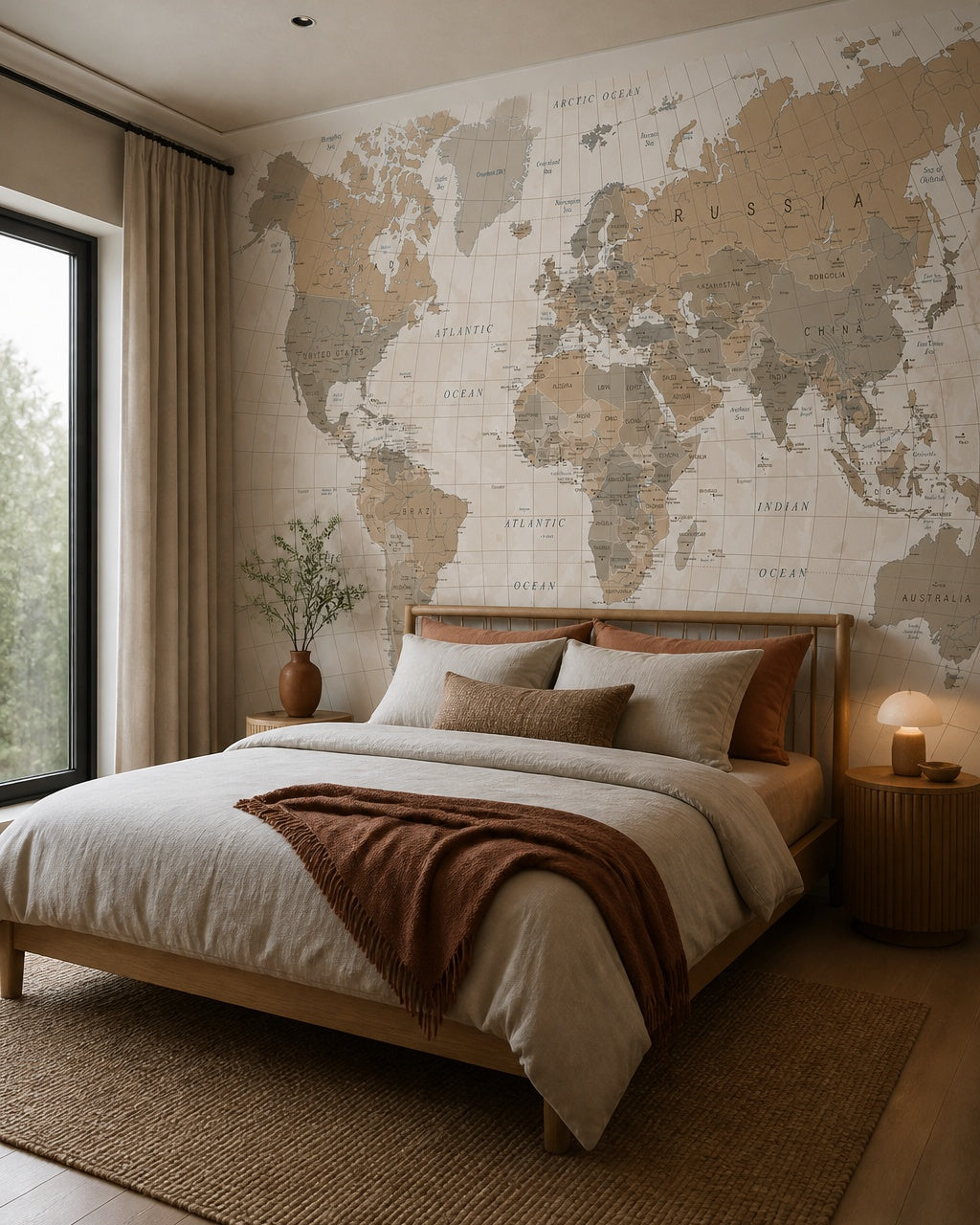 Earth tone world map wallpaper in a designer bedroom.