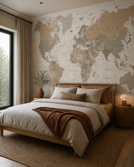 Earth tone world map wallpaper in a designer bedroom.