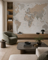Earth tone world map wallpaper in a designer living room.