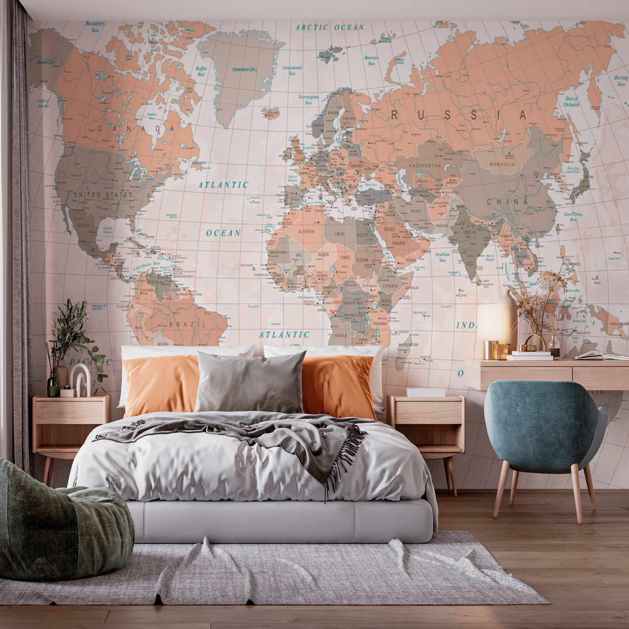 Classic Earth-Tone World Map Wall Mural Wallpaper with Geographic Details