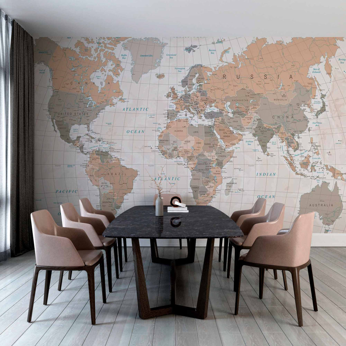 Custom Classic Earth-Tone World Map Wall Mural Wallpaper with Geographic Details