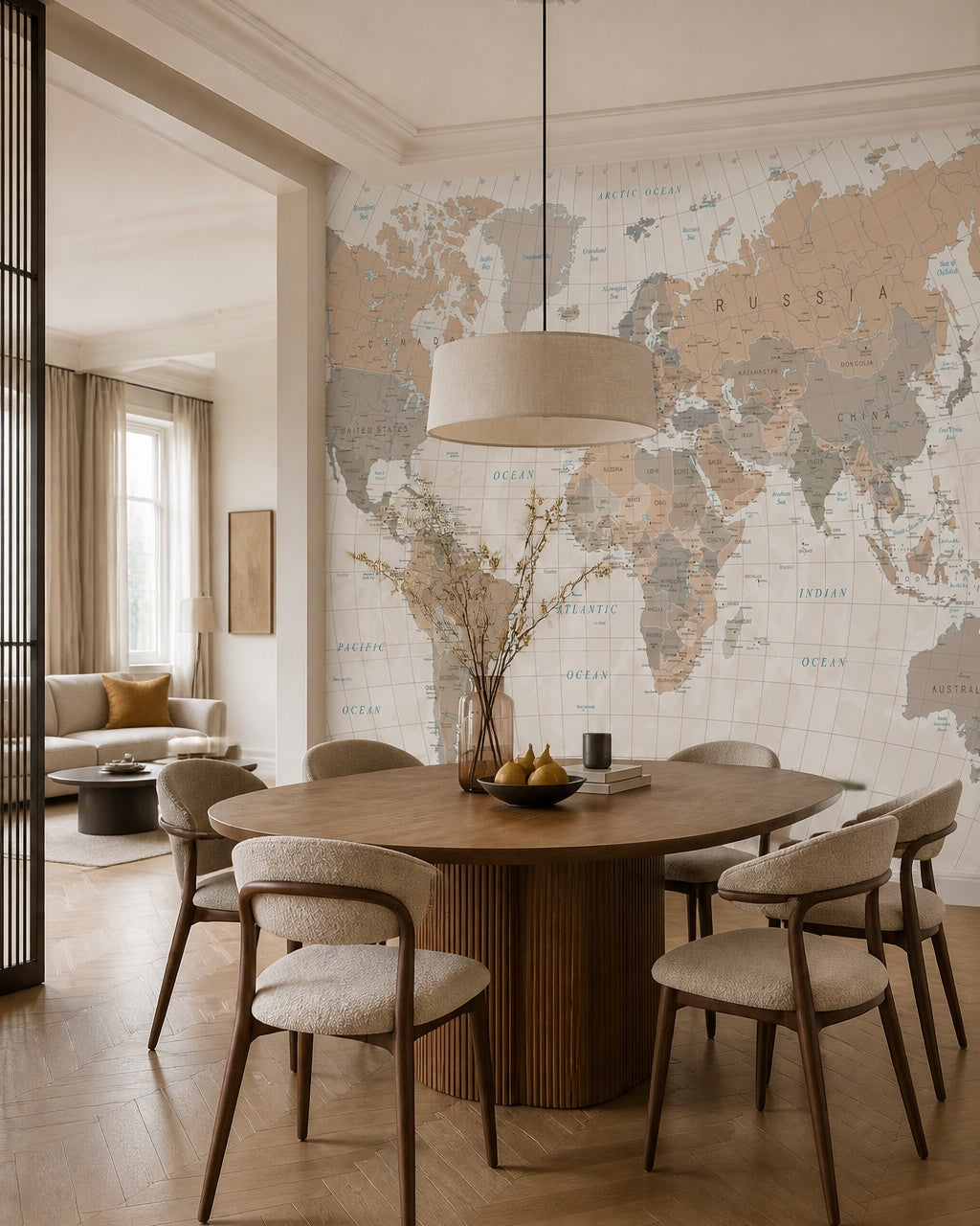Earth tone world map wallpaper in a refined dining area.