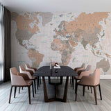 Classic Earth-Tone World Map Wall Mural Wallpaper with Geographic Details