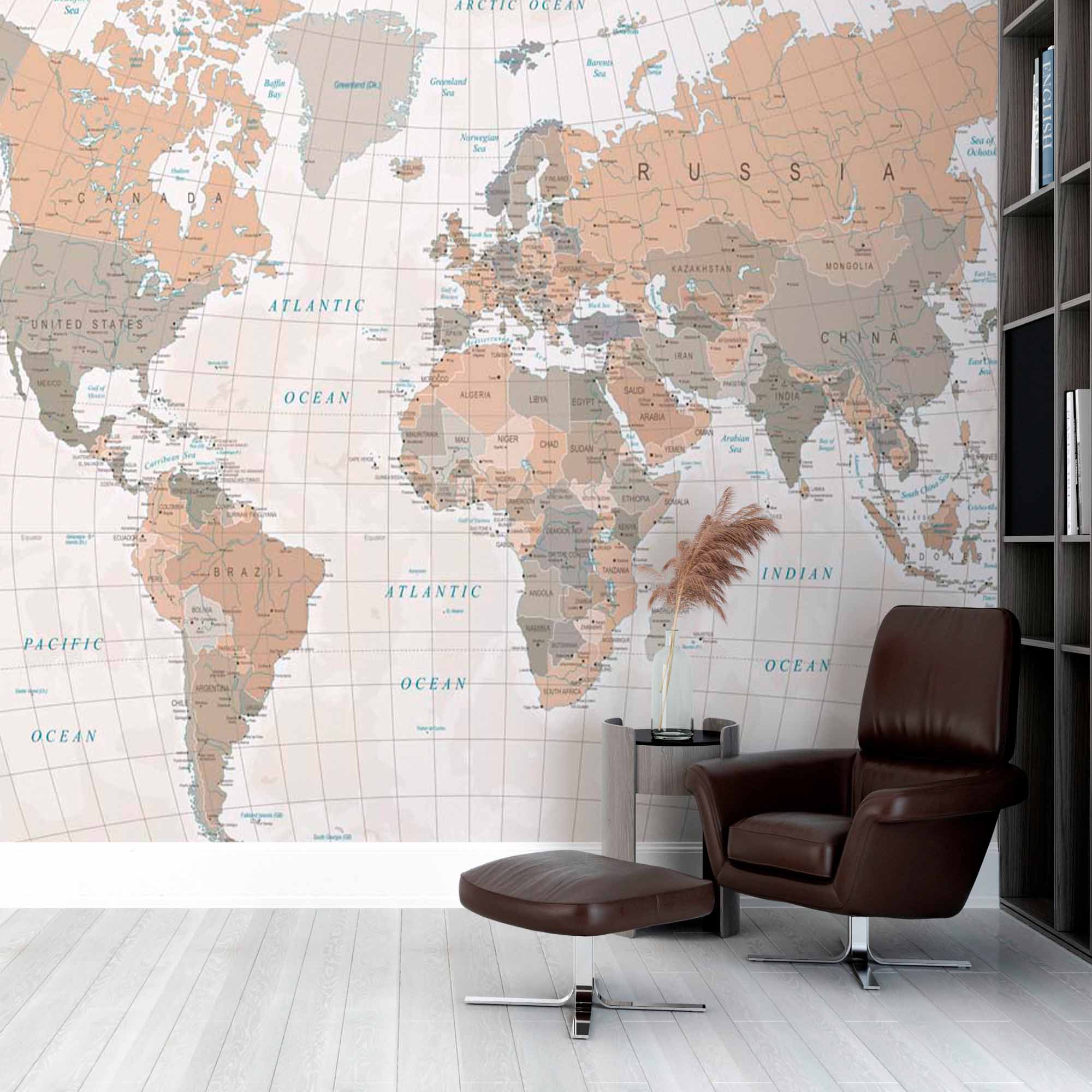 Classic Earth-Tone World Map Wall Mural Wallpaper with Geographic Details