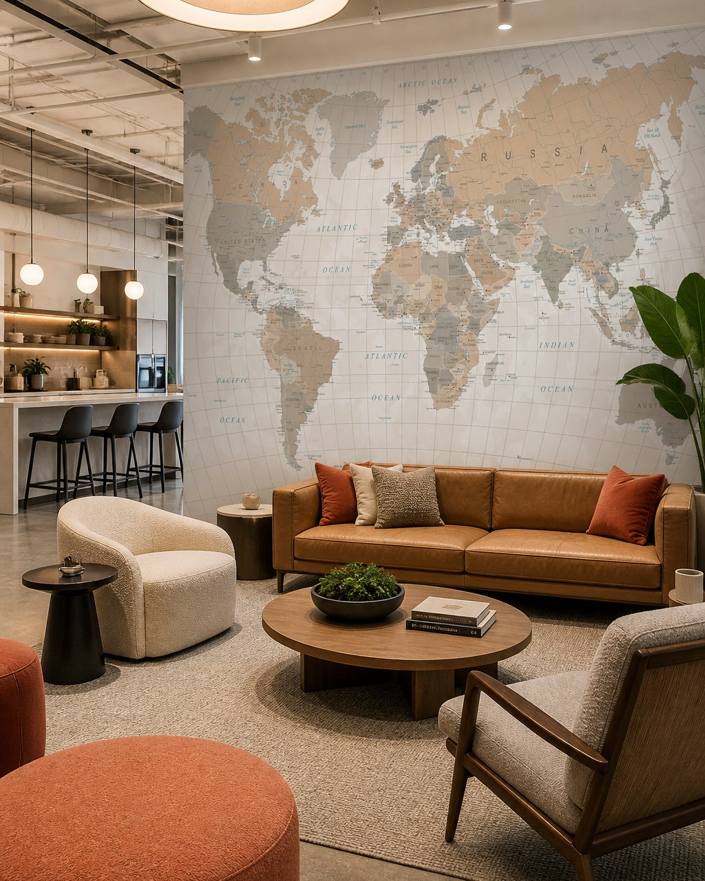 Earth tone world map wallpaper in a creative office lounge.