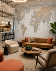 Earth tone world map wallpaper in a creative office lounge.