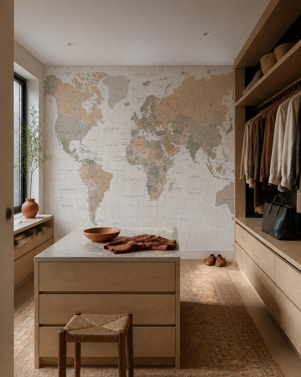 Earth tone world map wallpaper in a dressing room.