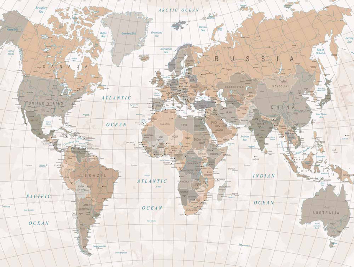Papier peint carte du monde tons terre – Papier peint panoramique carte classique détaillée pêche et gris
