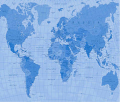 Custom Blue-Toned World Map Wall Mural Wallpaper with Detailed Geographic Features