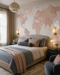 Pink watercolor world map wallpaper in a designer bedroom.